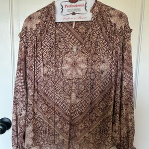 Free People Brown Paisley V-Neck Long Sleeve Top
